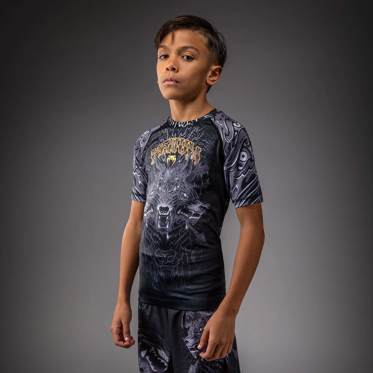 venum-wolf-atak-kinder-kurzarm-rashguard-schwarz-grau image 2